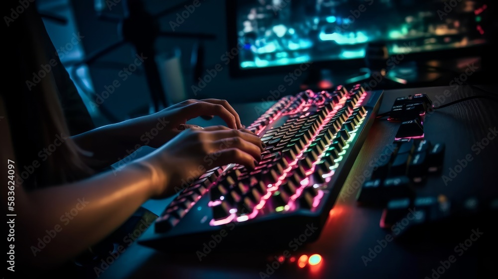 Aufkleber close up of female hands on computer keyboard. generative ai
