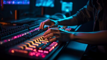Hands of professional sound producer working on mixing desk in recording studio, Generative AI