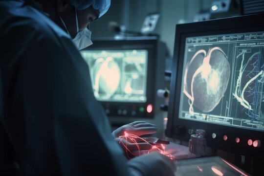 Doctors are working with x-ray image of human heart in the hospital. Generative AI