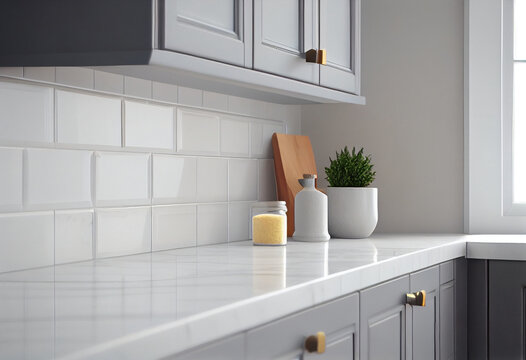 Close Up Details Of Contemporary White Apartment Kitchen With Subway Tiles, AI Generated