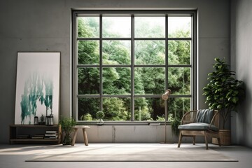 Mockup of an interior scene and frame Large windows and a view of the corner of the green garden from the living area. Generative AI