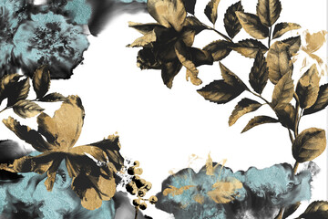 Gold foil floral backdrop, invitation card blank, blue splash, tulip flower