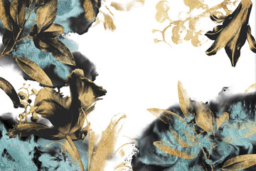 Gold foil floral backdrop, invitation card blank, blue splash, tulip flower