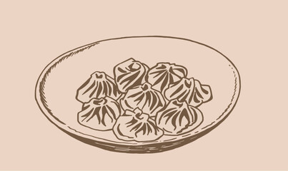 Vector vintage  illustration of khinkali on a palte, food illustration on sepia background. Graphical element for caffe banner design