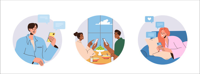 Set of relaxed people characters at home using mobile phone for chatting online, texting messages