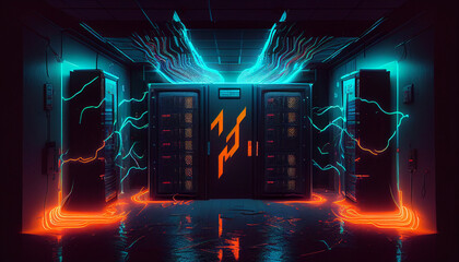 A big IT Serverroom, neon lightning, futuristic matrix style