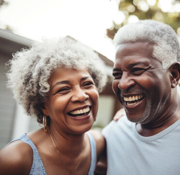 Black senior mature couple laughing outdoors in backyard of their home, close up. Generative AI. 
