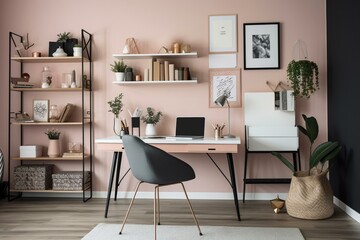 A stylish home office with a white desk, a black leather desk chair, and a set of wooden shelves. The walls are painted in a pale pink. Generative AI