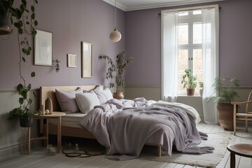 A serene bedroom with a wooden bed frame, a white linen duvet cover, and a sheepskin rug. The walls are painted in a pale lavender. Generative AI