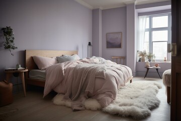 A serene bedroom with a wooden bed frame, a white linen duvet cover, and a sheepskin rug. The walls are painted in a pale lavender. Generative AI