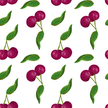 seamless pattern with cherry and leaves hand made painted watercolor llustration desing with fruits on white background