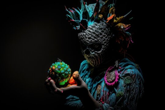 Portrait of a people costumed dark pineapple with black background. Fictional person created with Generative AI