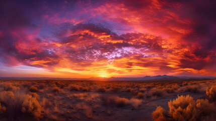 Enchanting Sunset Sky with Vibrant Twilight Hues and Billowy Clouds in a Desert Landscape