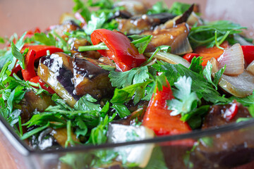 Healthy food concept. Vegetarianism. Grilled vegetable salad with zucchini, eggplant, onion, pepper and tomato