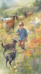 Kid with goats at grass valley with flowers generative ai