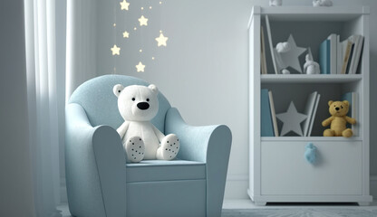Small light blue armchair for kid standing in white room interior with stars on the wall, white rug and cupboard with books, teddy bear and fresh plant, Generative Ai