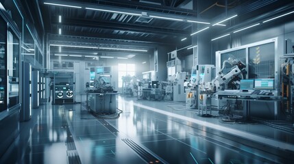 Obraz premium Industry 4.0 smart factory interior showcases IIoT machines, efficient workstations, and automated production lines, optimizing the manufacturing process for improved performance. Generative AI