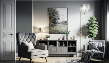 Spacious living room interior with silver painting hanging above a gray armchair and wooden cupboard with decorations, generative aI