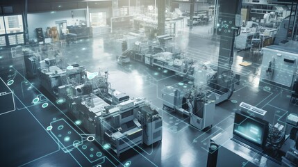 Industry 4.0 smart factory interior showcases IIoT machines, efficient workstations, and automated production lines, optimizing the manufacturing process for improved performance. Generative AI