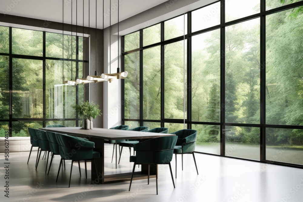 Poster a dining area and conference room with windows that let in light. generative ai