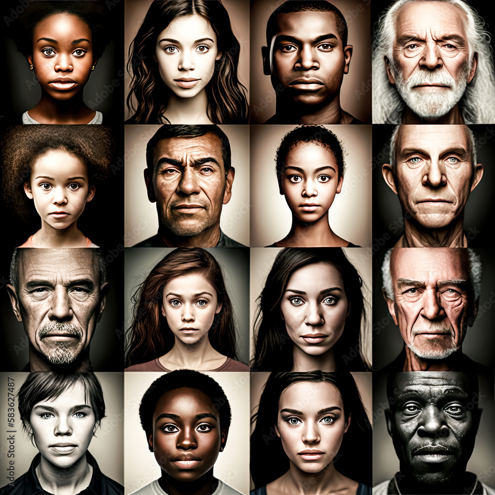 Aufkleber a portrait grid was created, with 16 images arranged in a symmetrical pattern - generative ai.