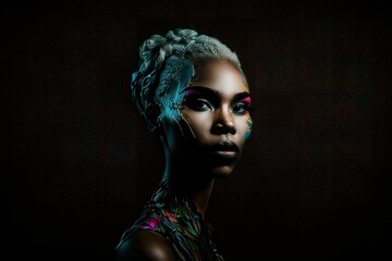 Naklejka na ściany i meble Portrait of a beautiful woman with black background. Fictional person created with Generative AI