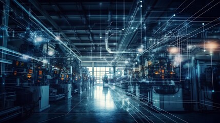 Industry 4.0 smart factory interior showcases IIoT machines, efficient workstations, and automated production lines, optimizing the manufacturing process for improved performance. Generative AI