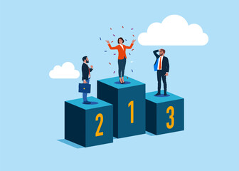 Businesswoman celebrates on winning podium next to her business rivals. Modern vector illustration in flat style