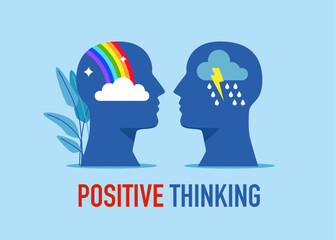 Сloud and rainbow in head. Positive or negative thinking, good or bad attitude. Modern vector illustration in flat style