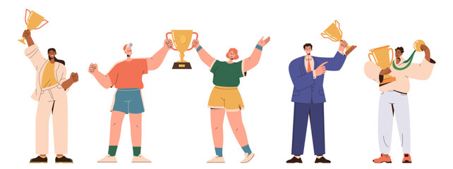 People winner characters holding golden cup award for best achievement business or sport success
