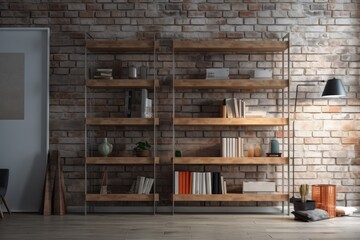 Near a brick wall, modern shelving with accents and a lamp. Generative AI