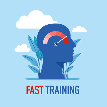 Head and speedometer, fast decision making and boost efficiency. Modern vector illustration in flat style