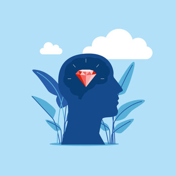 Head and diamond, self esteem and confidence. Modern vector illustration in flat style