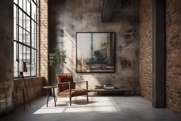 A vertical poster is displayed on a brick wall between two black metal windows in the inside of a loft style room. The leather armchair is in the room alongside a coffee table. Poster mockup