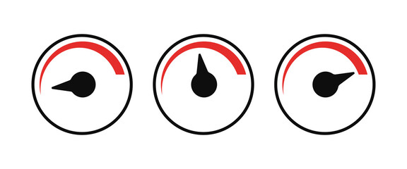 Speedtest set icon. Circle with arrow and scale. Minimum, average and maximum speed. Fuel level in the tank. Vector line icon for Business and Advertising