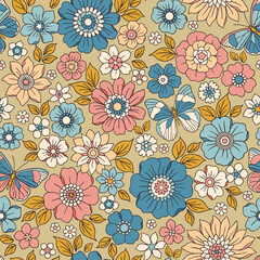 Fototapeta na wymiar Colorful 60s -70s style retro hand drawn floral pattern. Multicolored flowers. Vintage seamless vector background. Hippie style, print for fabric, swimsuit, fashion prints and surface design. Stock.
