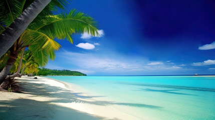 Fototapeta na wymiar Exotic tropical beach with palm trees near the sea or ocean for relaxation. AI generated.
