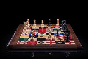 Fototapeta premium Political board intellectual game chess with country flags. Hobbies and mind development. AI generated.