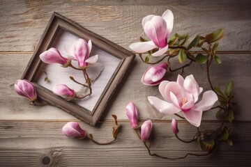 On a wall of worn out wooden planks, a holiday background with pink magnolia flowers and two picture frames can be seen. Generative AI