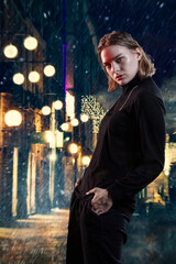 A slender, beautiful young girl in black clothes poses in the neon red and blue light of the city's lanterns. Neon Night