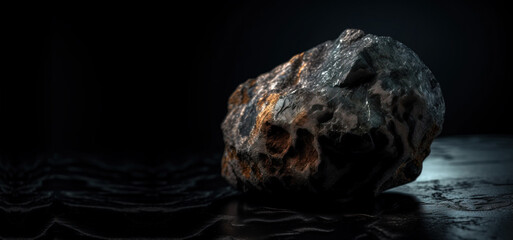 Pudretite is a rare precious natural stone on a black background. AI generated. Header banner mockup with space.