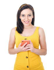Young woman with mobile phone, isolated on white background. Trendy girl using smartphone