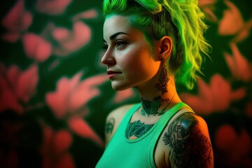 Portrait of a flower womans with neon green background. Fictional person created with Generative AI