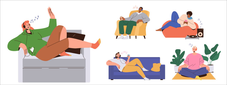 Set of diverse people character relax listening music in headphones using mobile application