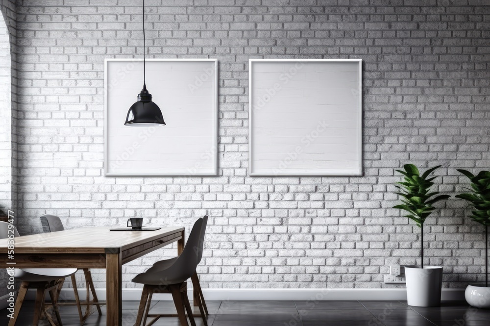 Aufkleber white brick wall with an empty frame. generative ai