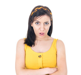 Impressed young woman looking at camera and say what, isolated on white background