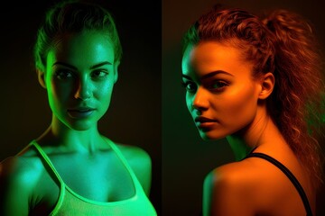 Portrait of a beautiful woman with neon green background. Fictional person created with Generative AI