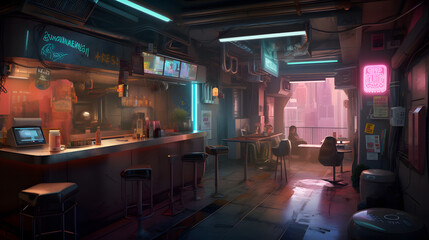 A Cozy Cyberpunk Coffee Shop, cafe restaurant sci-fi decoration modern interior