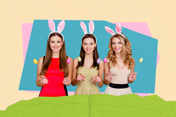 Collage photo poster postcard greeting picture of cheerful three ladies hold eggs celebrate easter...