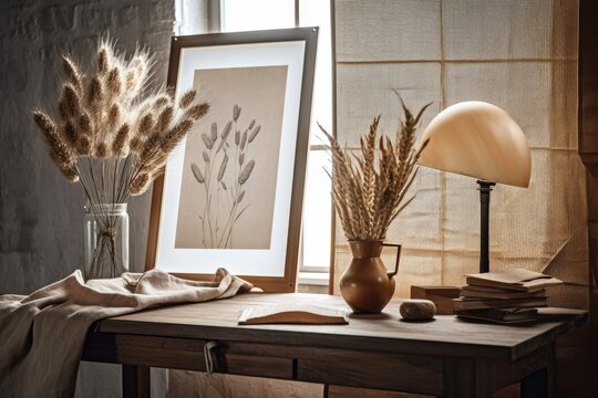 Template with a wooden table and picture frame. Rye grain ears in a bouquet. window light, drapes, and a table lamp providing shade. Generative AI